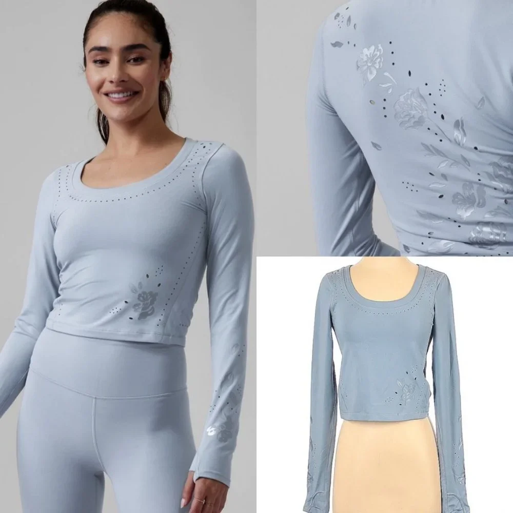 Athleta Blue S Shanti Eyelet Top long sleeve crop - Picture 2 of 8